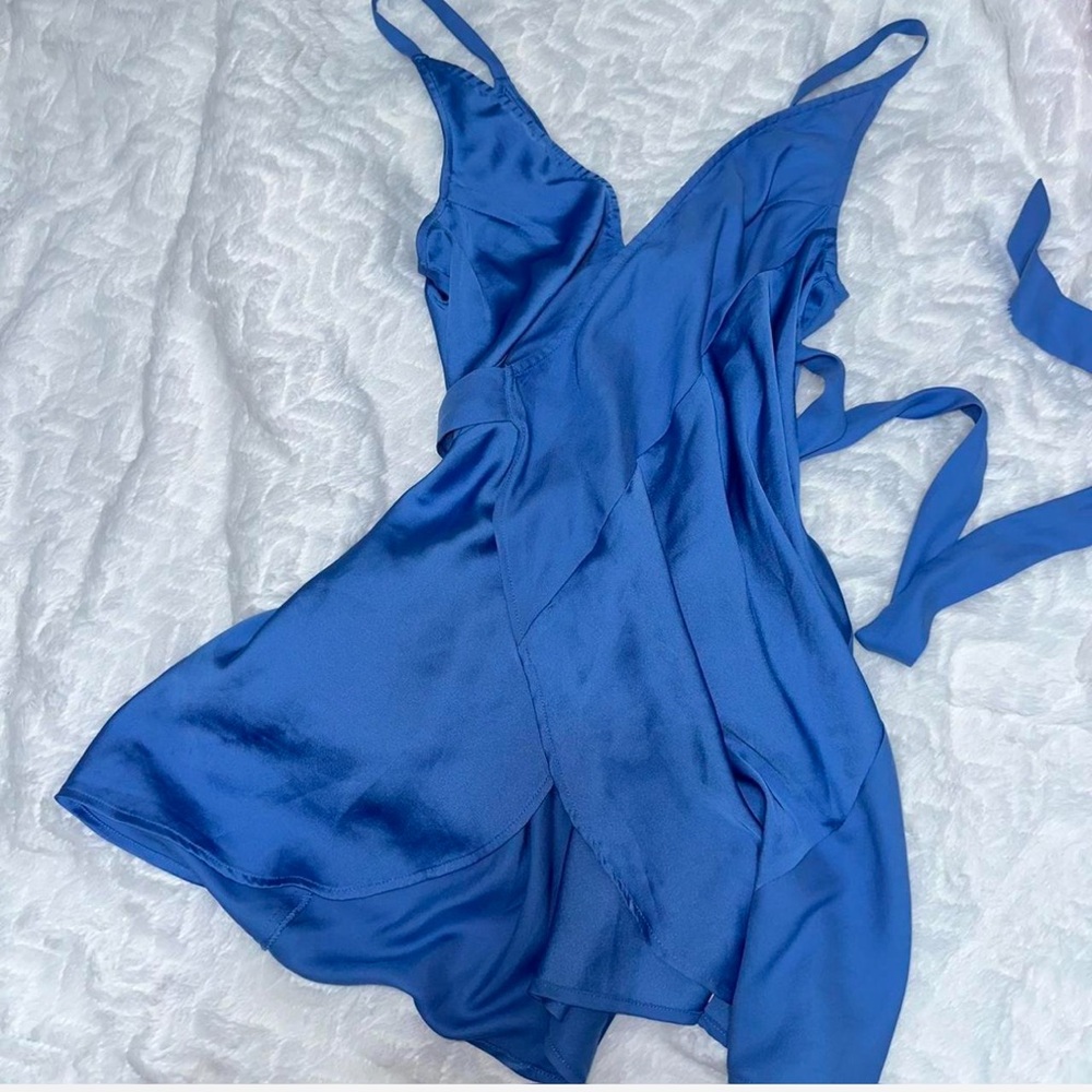 Free people Blue satin wrap mini dress